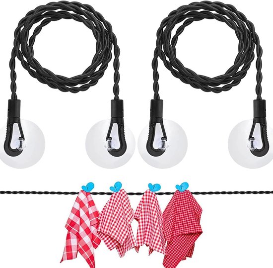 2x Ausziehbare Wäscheleine – Mit Haken Und Saugnapf – Wäscheleine – Wäschedraht – 1,5 M – Ausziehbar Auf 2,5 M – Für Camping – Schwarz