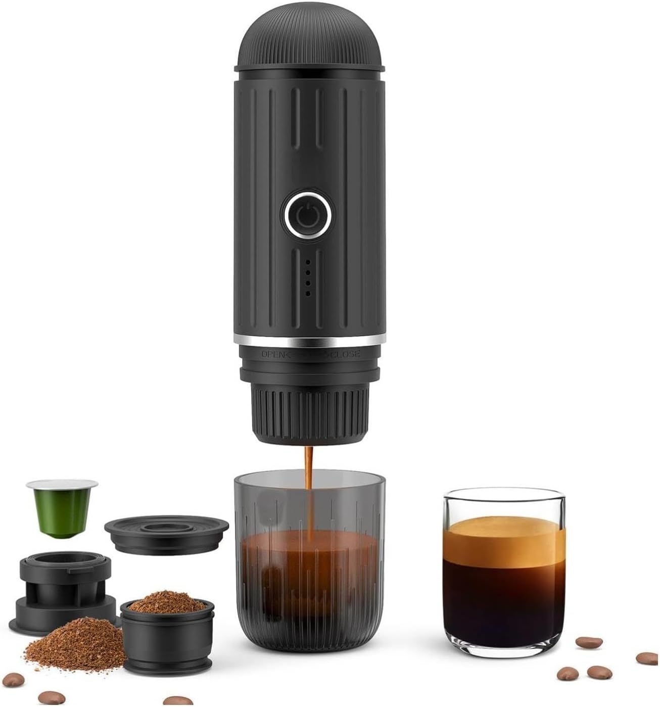 Tragbare Espressomaschine, Selbstaufheizend In 3-4 Minuten, Wiederaufladbar Für Ns-kapseln Und Gemahlenen Kaffee.