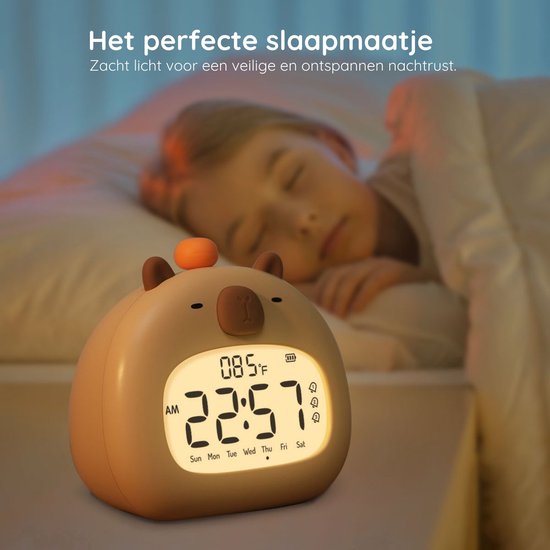 Digitaler Kinderwecker – Nachtlicht Mit Capybara-motiv – Usb-c-aufladbar – Dimmbarer Schlaftrainer Mit Schlummerfunktion – Bpa-frei