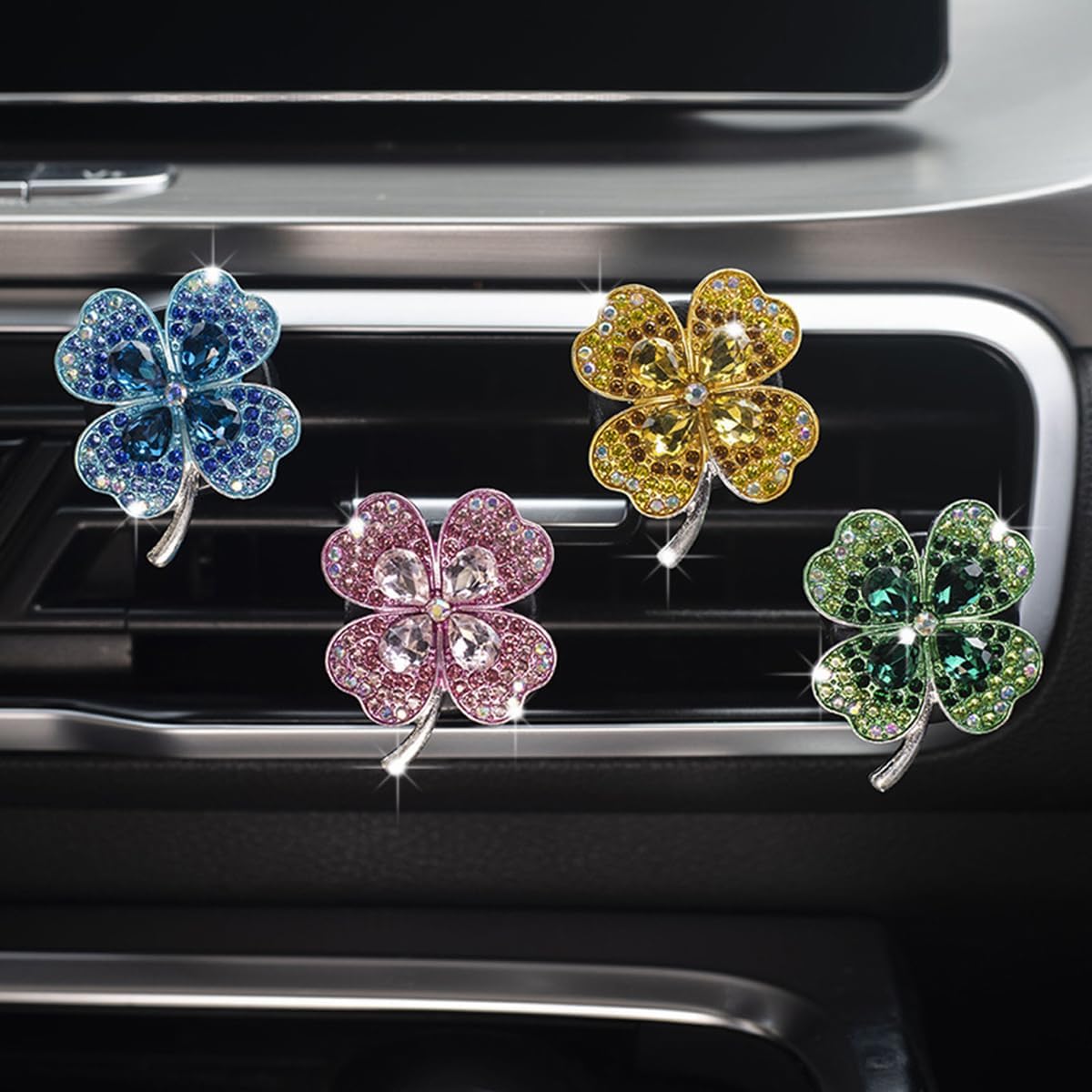 Universelles Set Aus 4 Glitzernden Auto-klimaanlagen-auslassklemmen – Kristallimitat-diamantklemme Mit Vier Blättern Und Lavendel – Glücksbringer Fürs Auto