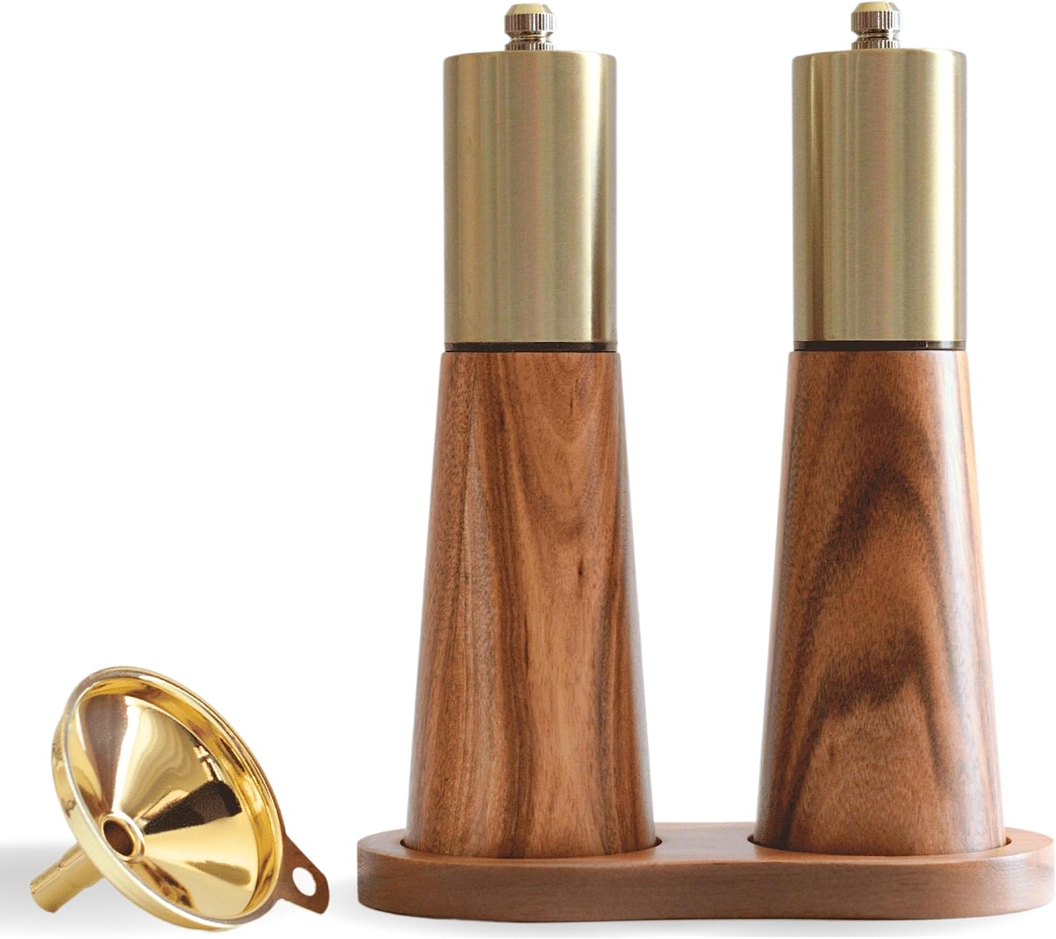 Goldenes Salz- Und Pfeffermühlen-set Mit Holzsockel – Inklusive Goldenem Trichter – Manuelle Salz- Und Pfeffermühle Aus Edelstahl – Einstellbarer Mahlgrad – Pfeffermühle