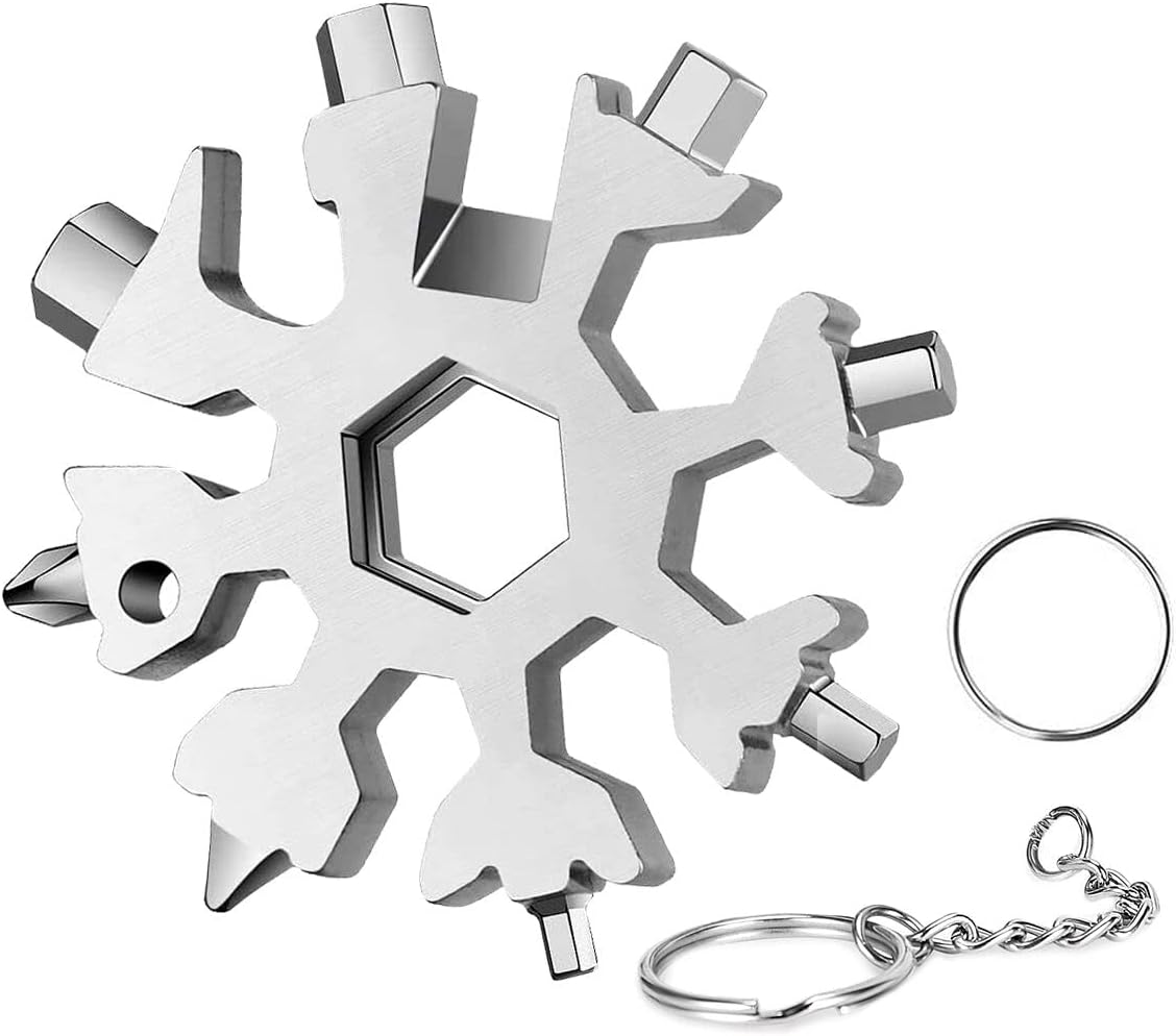 Schneeflocken-multitool (silber) – 20-in-1-multifunktions-schlüsselanhänger – Ringschlüssel – Geschenk-gadget – Werkzeugset – Sinterklaas-geschenk – Ideal – 1 M