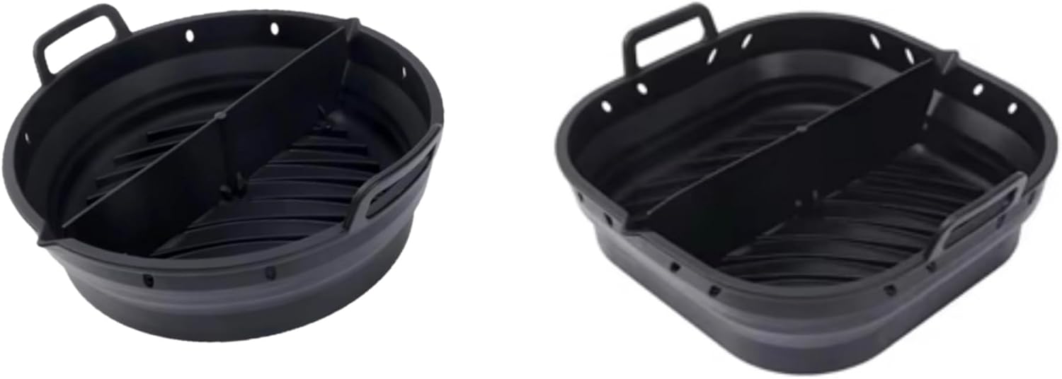 2 Silikon-airfryer-einsätze (rund + Quadratisch) – Airfryer-zubehör – Antihaftbeschichtung – Für 5–8 Liter – Schwarz