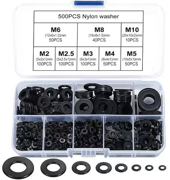 1000-teiliges Set Aus Kunststoffscheiben Der Größen M2, M2.5, M3, M4, M5, M6, M8 Und M10, Flachen Nylonscheiben, Schrauben Und Bolzen, Schwarz-weißes Farbschema.