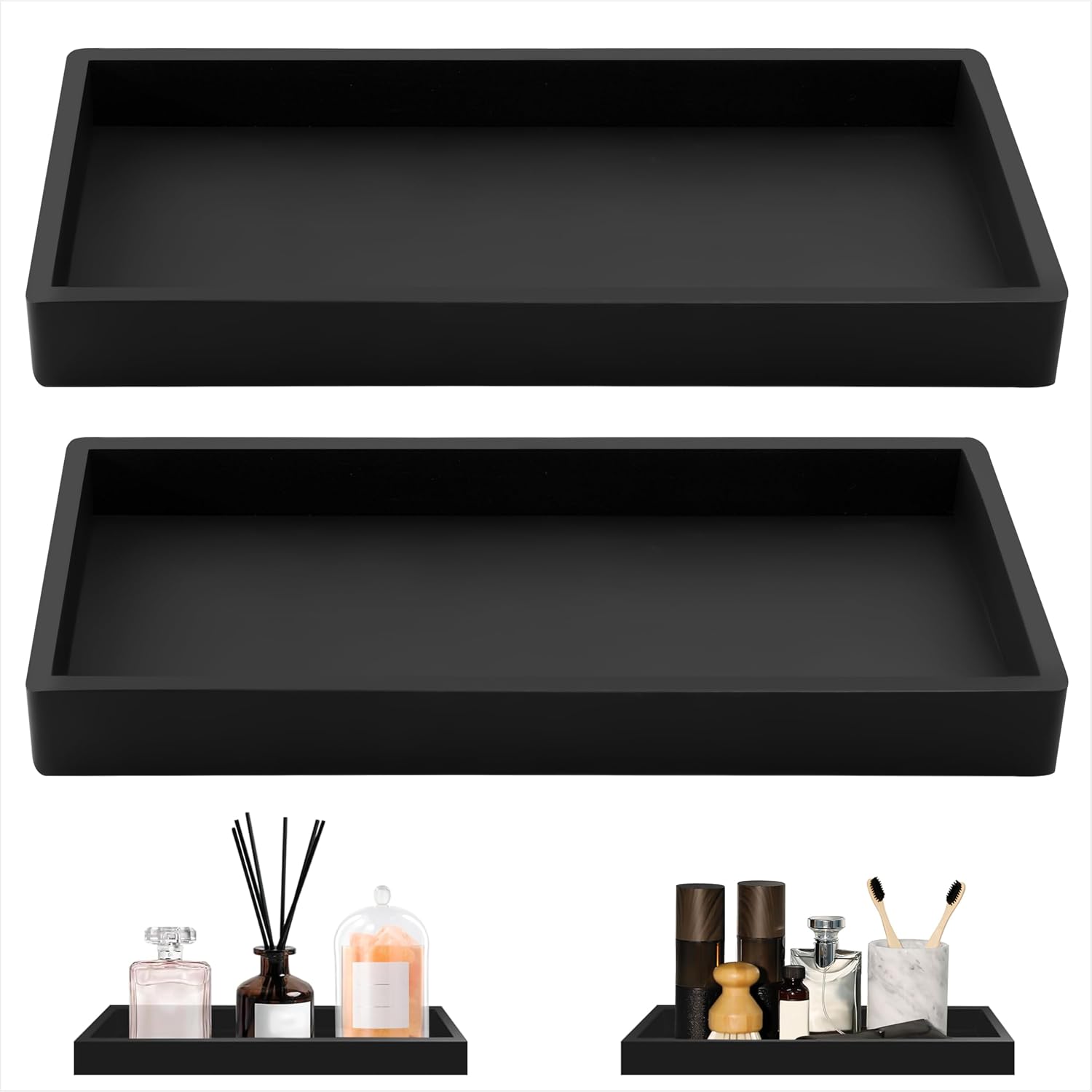 Rechteckiges Silikon-badezimmertablett, Geschikt Für Waschtisch, Badewanne, Küche, 2-teiliges Set, Schwarz.