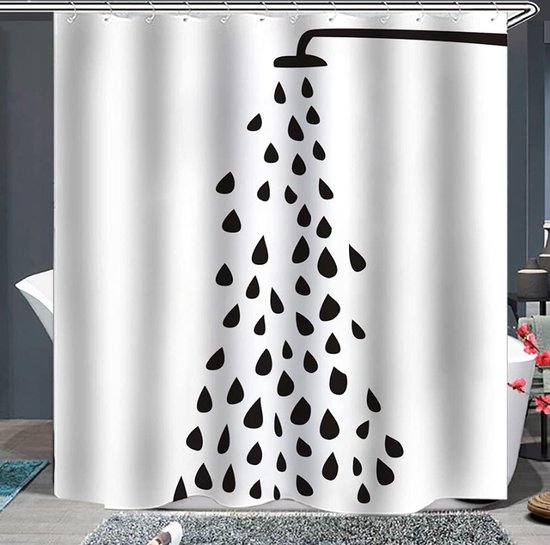 Schwarzer Und Weißer Duschvorhang, 180 X 180 Cm, Mit Kunststoffhaken, Wasserdichtes Material Für Bad/wc, Polyester