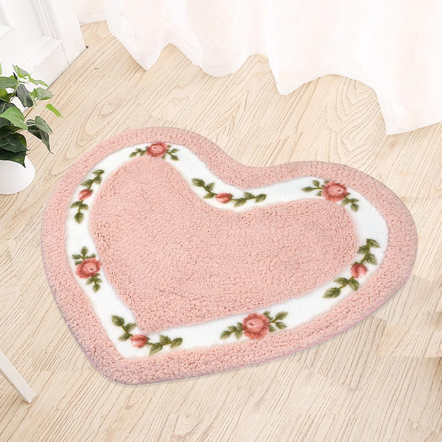 Rosenmuster-badematte, Rutschfest, Saugfähige Mikrofaser, Weiche Und Flauschige Herzförmige Badematte, Rosa, 50 Cm X 60 Cm
