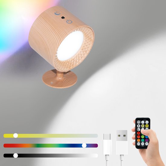 Magnetische Led-wandleuchte Mit Nachtlicht, 3 Farben (7 Rgb), Holzoptik, Zwei Lichtquellen, Kabelloser Streifen, Fernbedienung, Wiederaufladbar (2000 Mah), 1 Stück