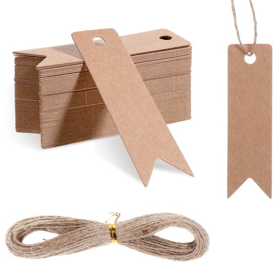 - 100 Geschenkanhänger - Kraftpapier 2 X 7 Cm - Juteschnur 20 Meter - Blanko-anhänger - Braun - Geeignet Für Hochzeiten/weihnachten - Geschenkanhänger