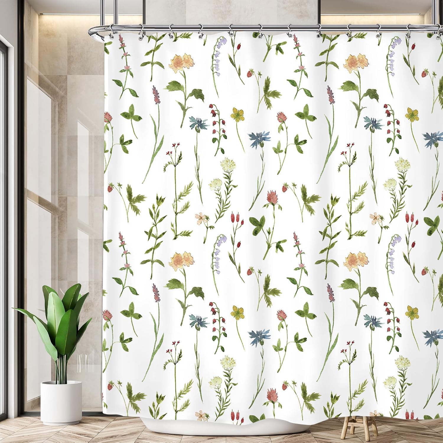 Pflanzen-badevorhänge – Badezimmer – Maße: 180 Cm Breite X 180 Cm Höhe – Aquarell-wildblumen-badevorhänge – Mit Blüten Und Blättern