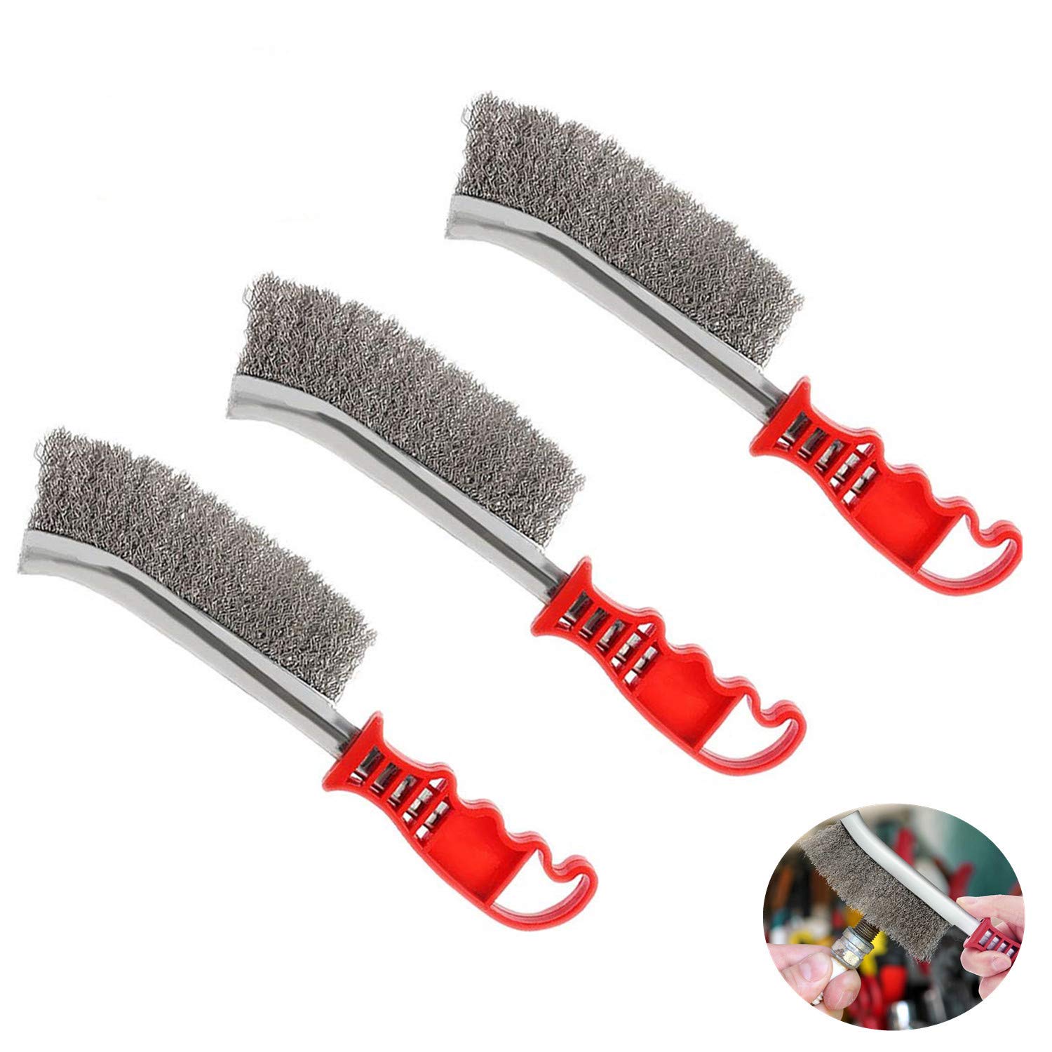 3-teiliges Set Aus Robusten, Rostfreien Entkalkungsbürsten Mit Griffen Aus Edelstahl Und Kunststoff. Entkalkungsbürste Zur Reinigung Von Grills.