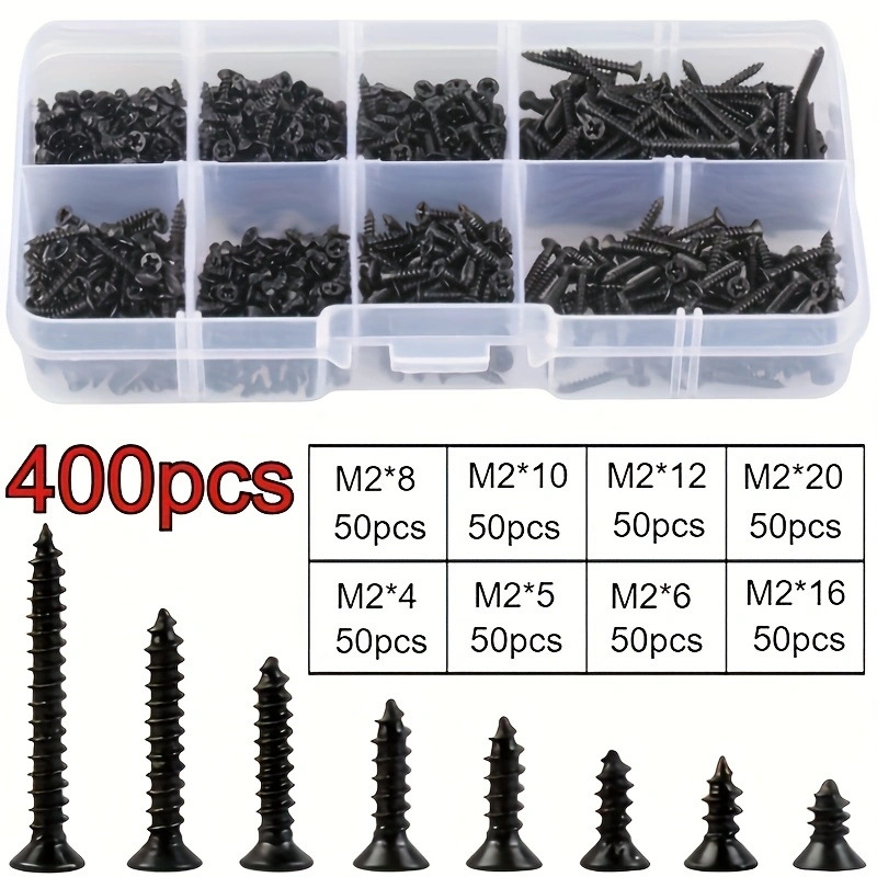 400 Stück M2, Selbstbohrende Schrauben Mit Phillips-kopf Aus Kohlenstoffstahl, Senkkopf, 8 Schraubentypen, In Einer Schwarzen Schachtel, Ka-set.