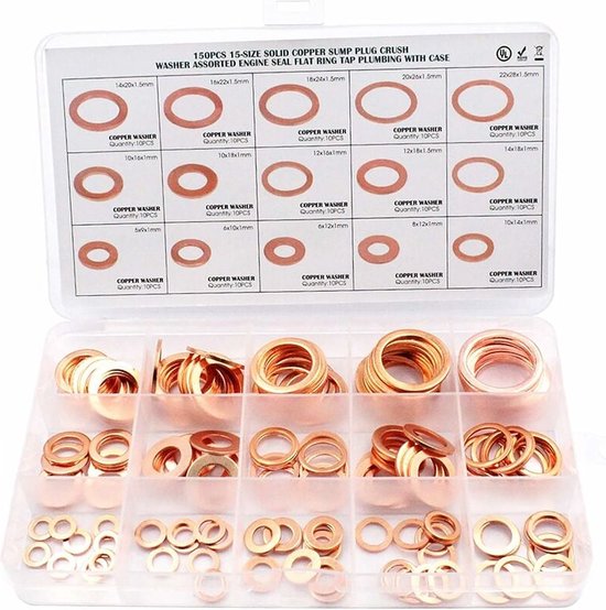 150-teilige Packung Kupferringe, Unterlegscheiben, Dichtungen, Kombinationsset, Box M5 M6 M8 M10 M12 M14 M16 M18 M20 M22 Flachringdichtungen