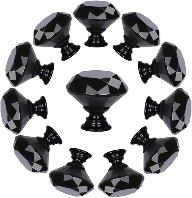 Ein Set Aus 10 Rautenförmigen Schubladengriffen Aus Kristallglas (30 Mm, Komplett Schwarz) Und Schrankgriffen