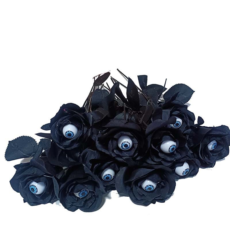 6 Künstliche Schwarze Rosenblüten, Halloween-dekoration, Rosenstrauß Mit Langen Stielen, Party- Und Heimdekoration, Blumen Mit Augäpfeln
