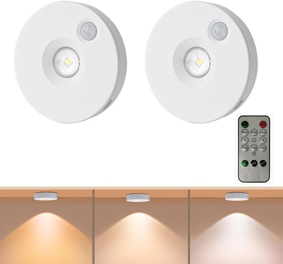 Led-schrankleuchten, 2er-pack, Mit Fernbedienung, Magnetfuß, Bewegungssensor, Dreifarbiger Beleuchtung, Wiederaufladbar, Weiß