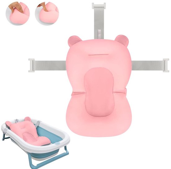 Babybadematte, Rutschfester, Schwimmender Badewannensitz Für Neugeborene, Weicher Sitz Mit Luftkissen, Verstellbares Duschnetz Mit Drei Befestigungspunkten, Rosa