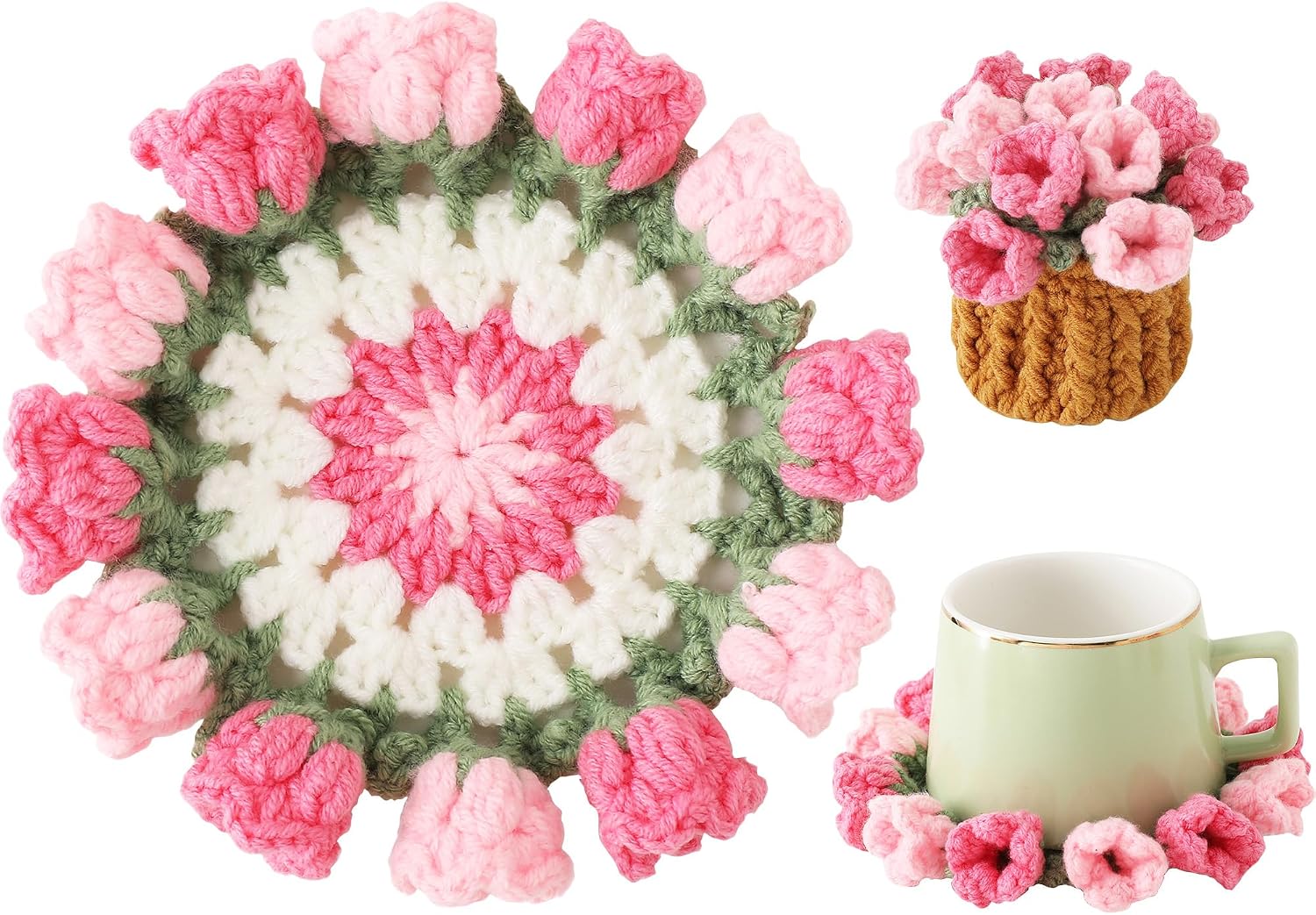 Handgehäkelter Blumenuntersetzer – Weiches, Dekoratives Design – Für Couchtisch Und Wohnaccessoires – Rosa, 1 Stück