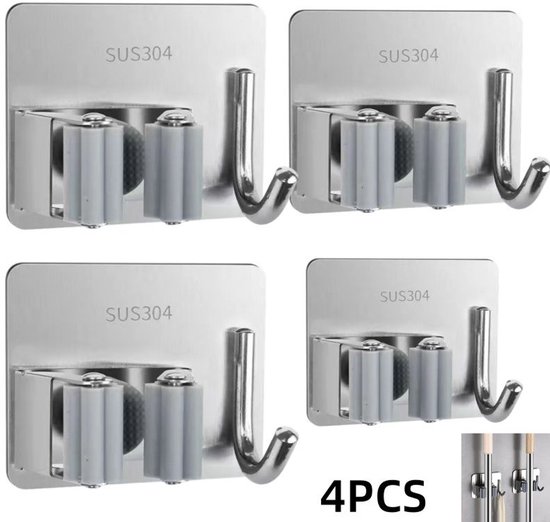 4-teiliges Edelstahl-haken-set Für Mopp Und Besen (ohne Bohren), 8 X 3 Cm