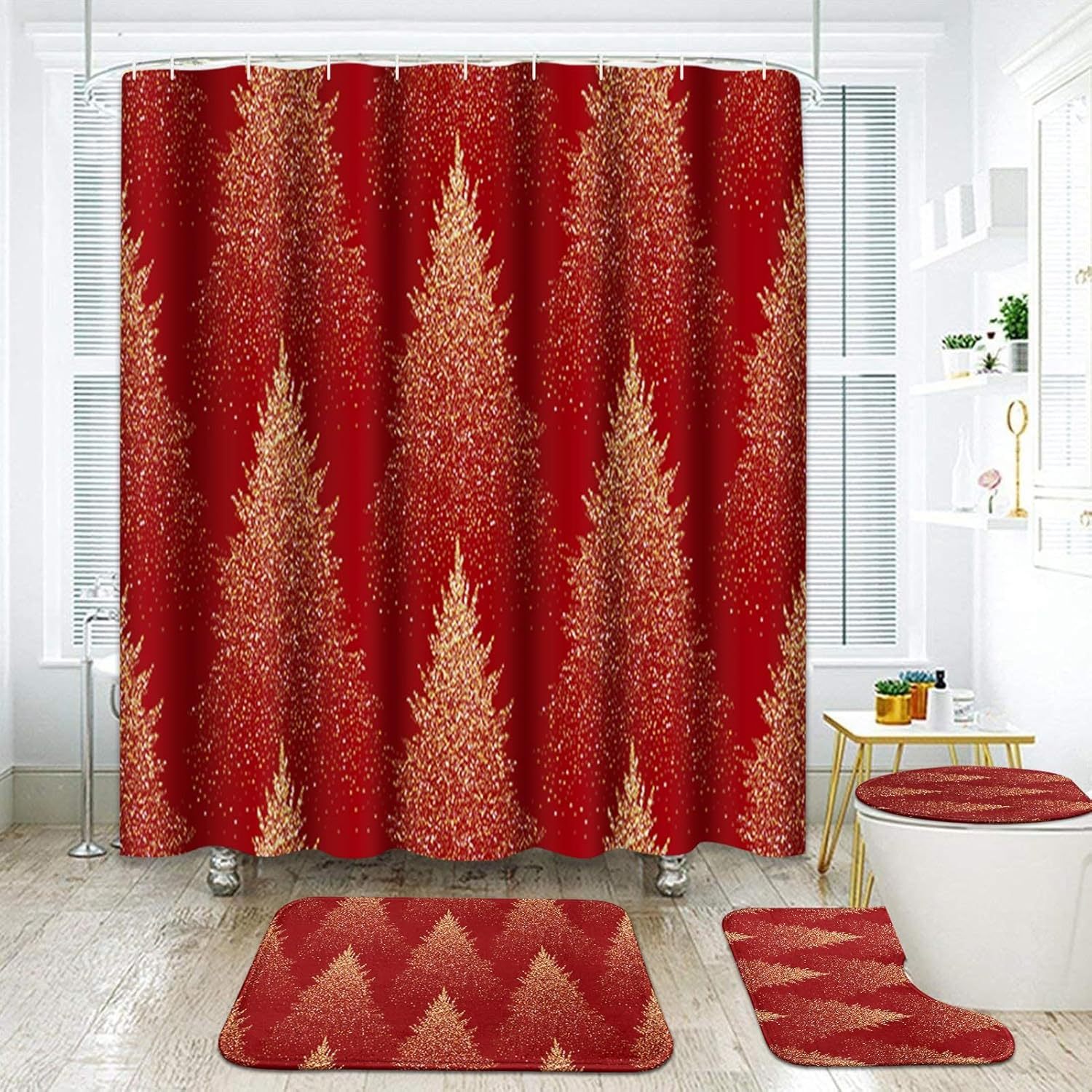 Duschvorhang Mit Weihnachtsbaummotiv – Goldener Und Roter Duschvorhang – Waldmotiv – Badezimmerdekoration, 4-teiliges Set Mit Badematte – 180 X 180 Cm