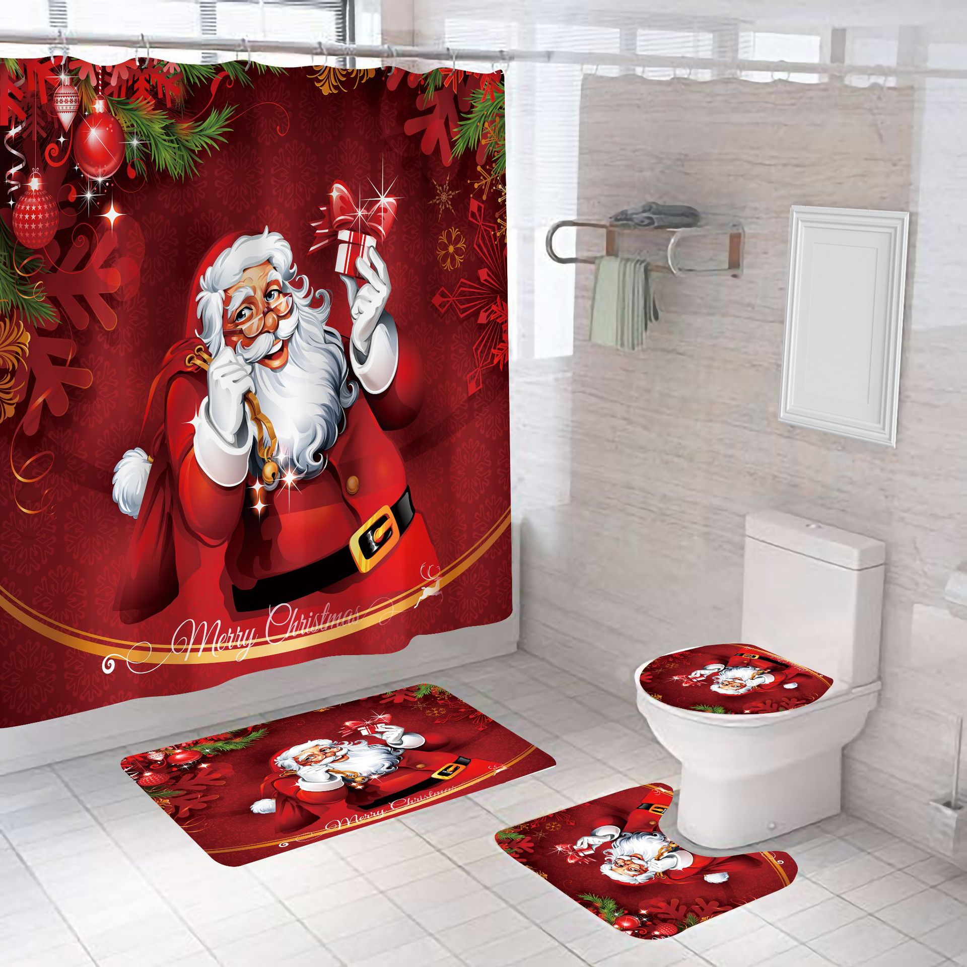 Weihnachtlicher Duschvorhang – Wasserdicht Und Schimmelresistent – Duschvorhang-set – Kein Bohren Erforderlich – 180 X 180 Cm