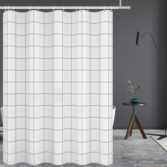 Duschvorhang Mit Weißem Karomuster, Inklusive Haken, Wasserdicht Und Waschbar, Aus Polyester, 180 X 180 Cm