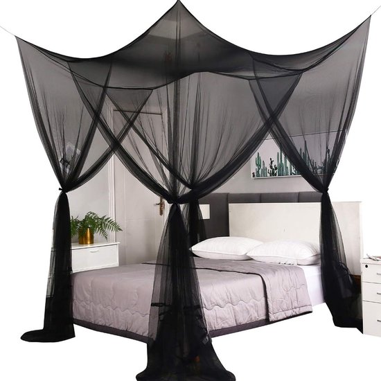 Bett-moskitonetz – Quadratisch – Inkl. Befestigungsmaterial – Reisegröße – Polyester – Einzel-/doppelbett – Camping, Terrasse, Drinnen/draußen – Schwarz
