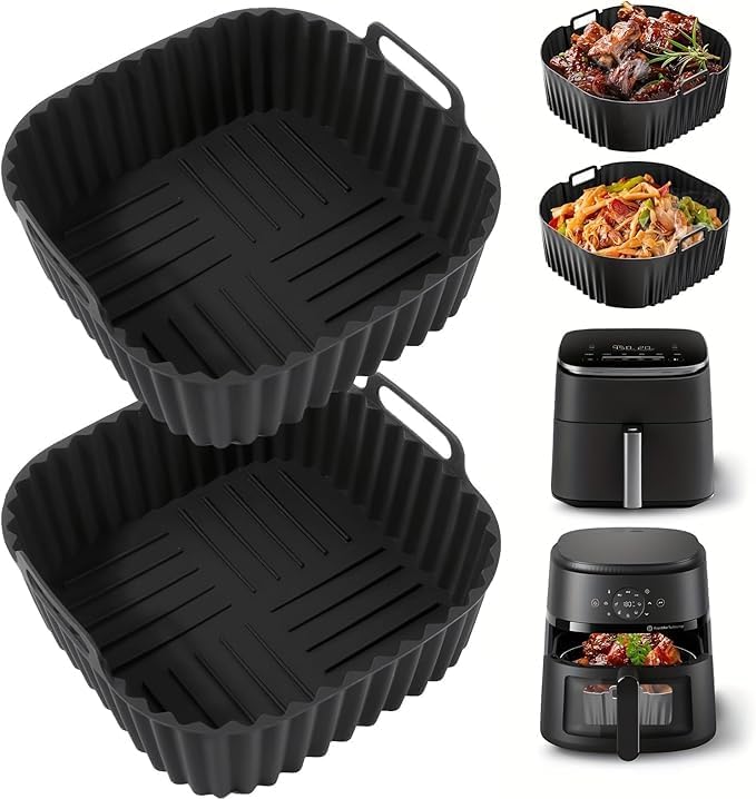 2er-pack Silikon-einlagen (18 Cm X 18 Cm) Für Heißluftfritteusen – Wiederverwendbar Für 4–7 Liter Fassungsvermögen – Zubehör Für Backofen Und Heißluftfritteuse – Schwarz