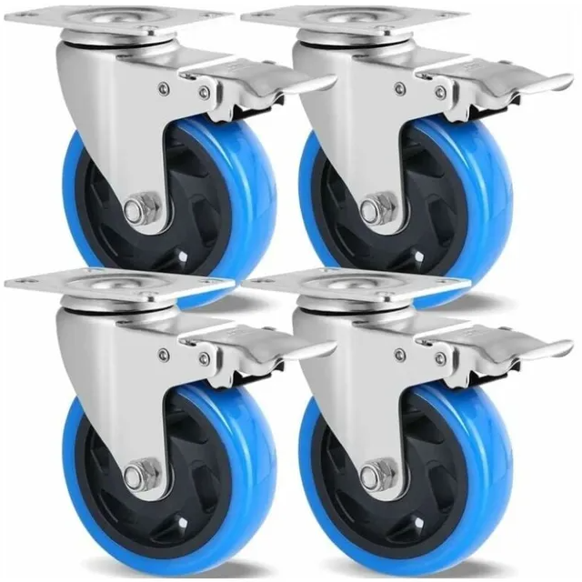 Satz Mit 4 Lenkrollen, 100 Mm Möbelrollen, Tragfähigkeit Bis Zu 600 Kg, Schwerlastrollen Mit Bremsen, 360°-drehung, Gummirollen.