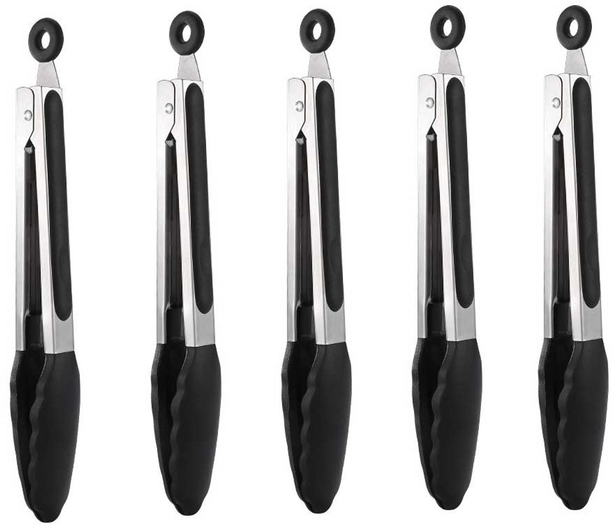 5-teiliges Silikon-grillzangen-set – Grill- Und Kochutensilien Aus Edelstahl Mit Haken – Schwarz