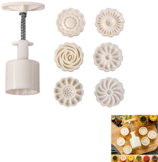 Handgepresste, Blütenförmige Mondkuchenform Mit Federmechanismus Für Einfaches Herauslösen, Für Mondkuchen, Ananas- Und Mungbohnenkuchen – Weiß