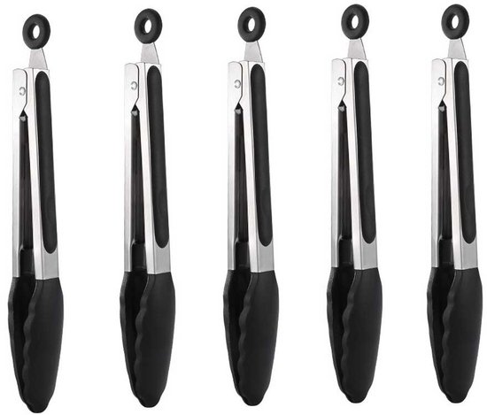 5-teiliges Silikon-edelstahl-grillzangen-set Mit Haken, Grillbesteck Zum Kochen, Mischen Und Umfüllen – Schwarz