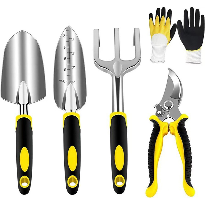 Gartengeräte-set, Gartenschere, Handschuhe, Pflanzbeutel, Aluminiumlegierung, 5-teiliges Goldenes Garten-set