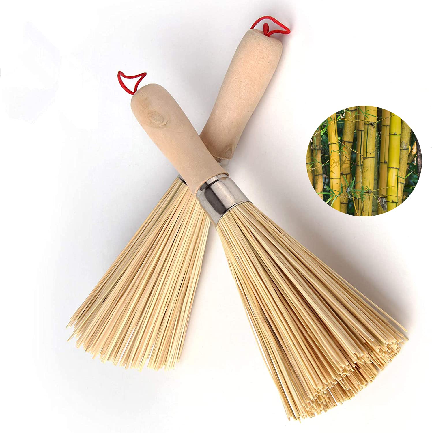 Set Aus 2 Traditionellen Wokbürsten Aus Bambus, Küchenbürsten, Topfbürsten Aus Bambus, Zum Reinigen Von Geschirr, Gusseisernen Töpfen, Pfannen, Gemüse Und Der Spüle.
