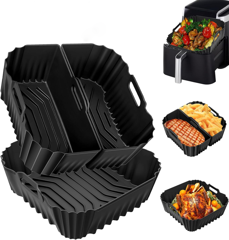 Silikon-backformen Für Die Heißluftfritteuse, Set Mit 2 Wiederverwendbaren Quadratischen Backformen Mit Silikoneinsätzen, Geeignet Für Eine Heißluftfritteuse Mit Zwei Kammern.