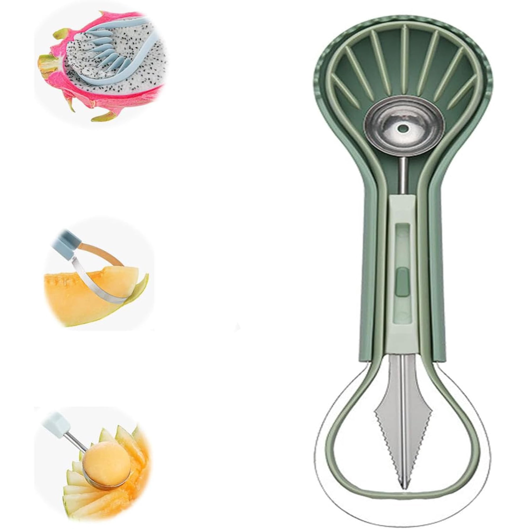 3-in-1 Melonenausstecher-set, Wassermelonen-fruchtlöffel Und Schnitzmesser, Küchenhelfer, Grün