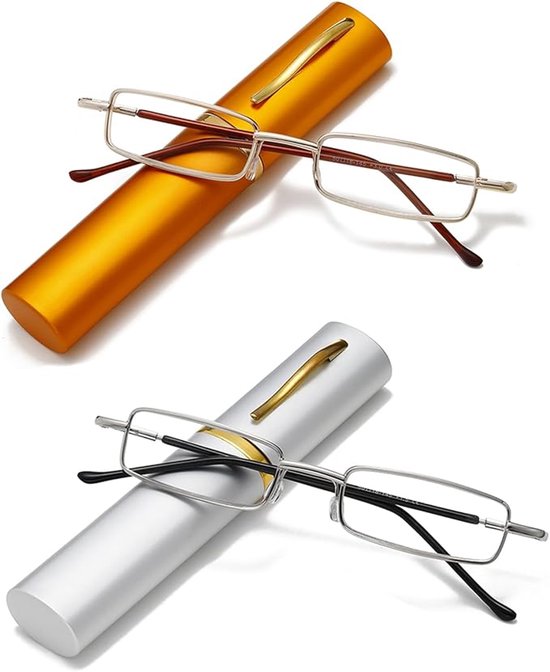 2 Mini-lesebrillen, Tragbare Metallbrillen Für Senioren, 100 Grad – Gold + Silber