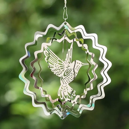 Kolibri-windmühle Mit 3d-effekt – Spiegelmetall-gartendekoration – Vogelabwehr Für Garten Und Bauernhof – Silber