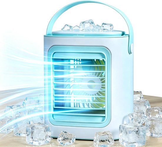 Tragbare Mini-klimaanlage Mit Touch-bedienelementen, Ambientebeleuchtung, 3-stufigem Ventilator Und 2 Eiswürfelbehältern (weiß/blau).