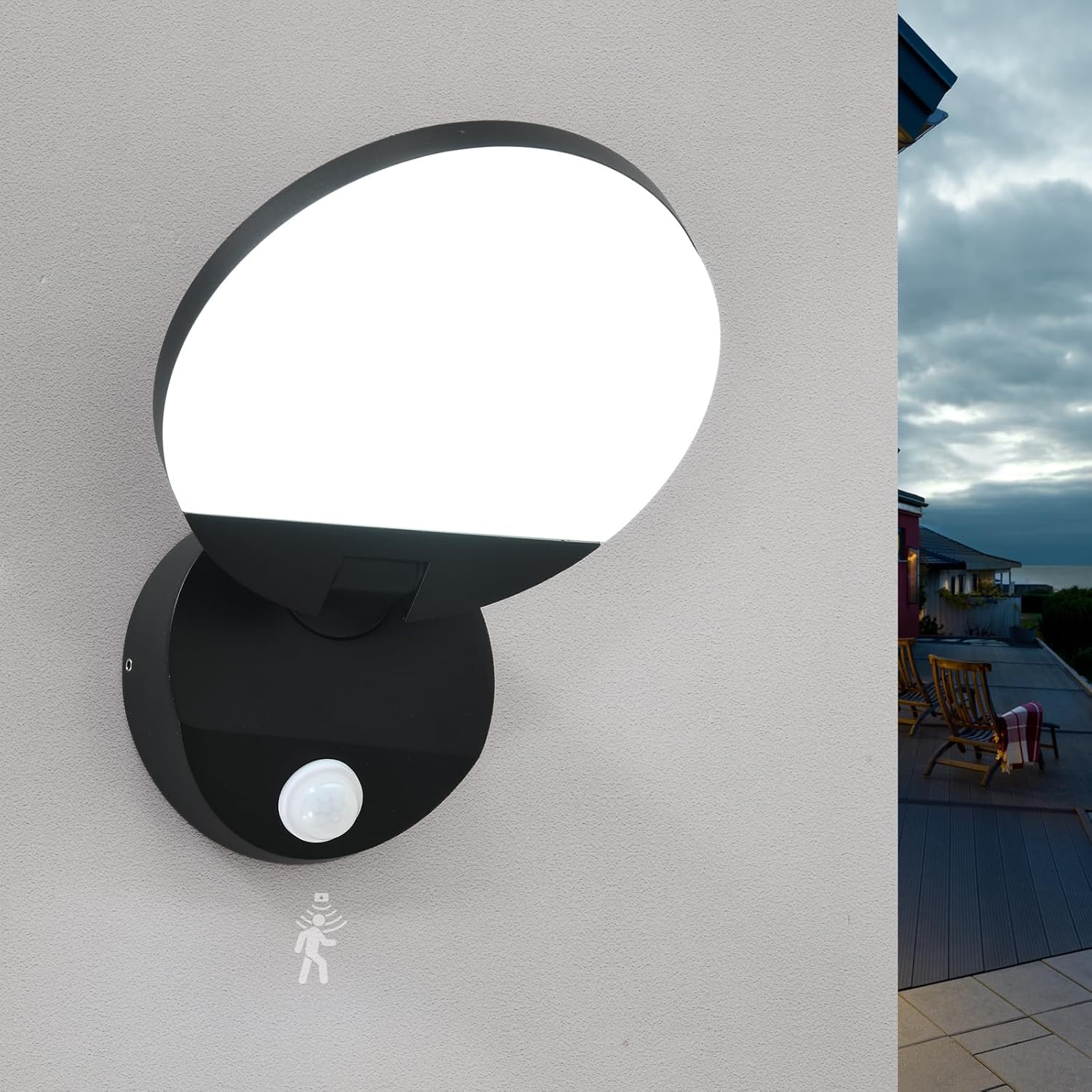Vernetzte Außenwandleuchte Mit Bewegungsmelder – 18 W, Modernes Rundes Design – Mattschwarz – 6000 K Kaltweißes Led-licht – Geeignet Für Tür, Terrasse Und Garage