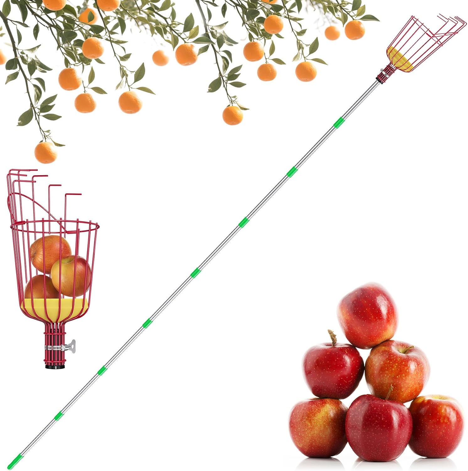 Apfelpflücker Mit 3,2 M Teleskopstiel, Obstpflücker Mit Rotem Korb, Verbindungsstange Aus Metall Und Edelstahl, 6-teilig Für Pfirsiche