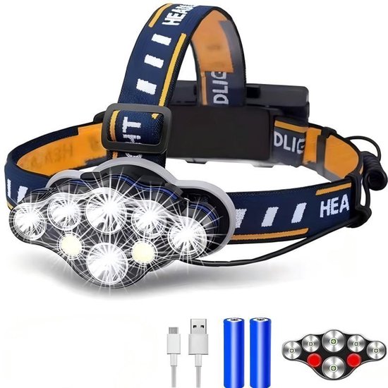 Superhelle Stirnlampe, 18.000 Lumen, 8 Led-lampen, 8 Modi, Rotes Warnlicht, Usb-aufladbar, Wasserdicht, Für Arbeit, Camping, Wandern, Angeln.