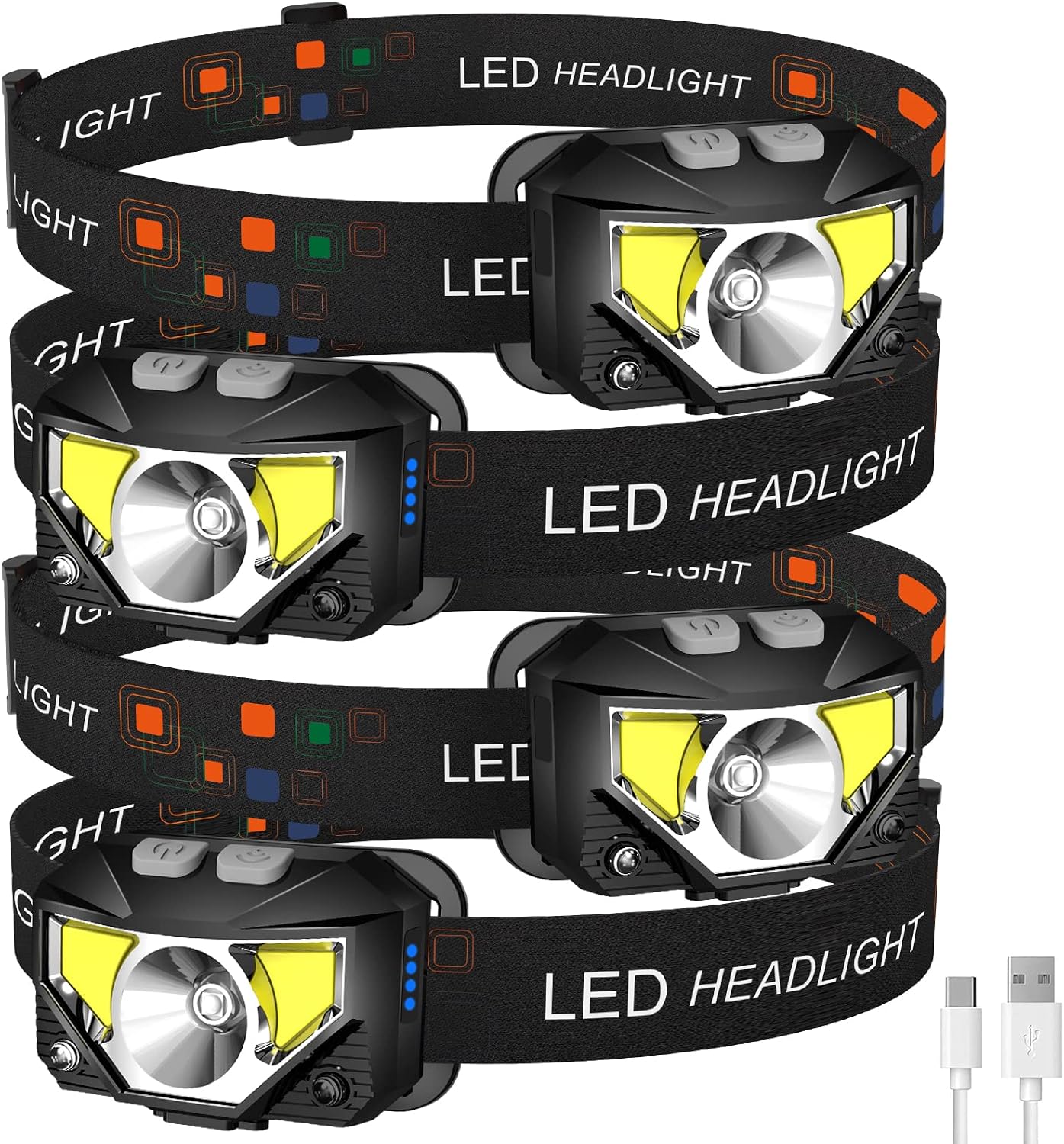 4er-pack Wiederaufladbare Led-stirnlampe Mit Rotem Und Weißem Licht – Wasserdicht – Bewegungssensor – 8 Superhelle Modi – Stirnlampe/taschenlampe – 4er-pack