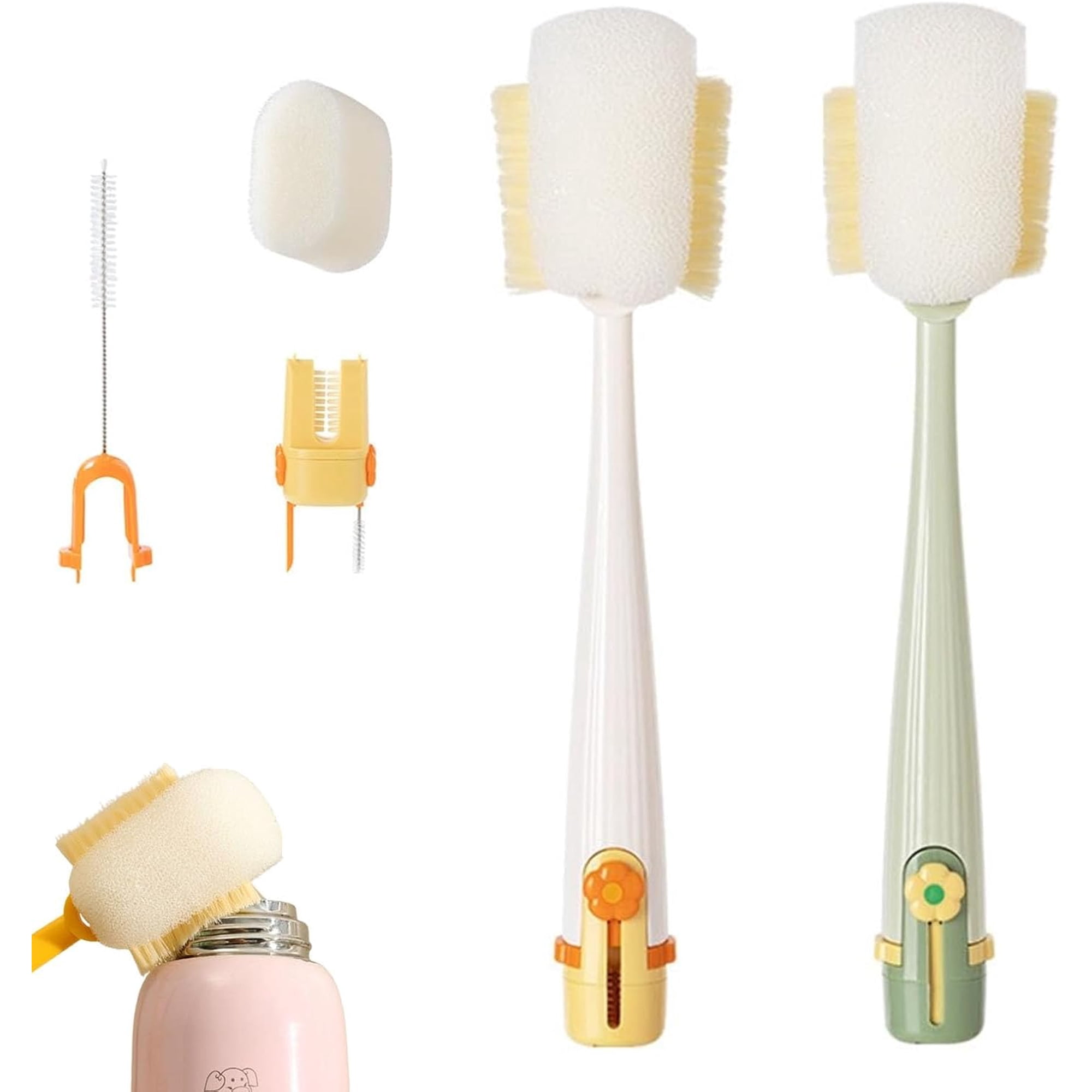 5-in-1 Babyflaschen-reinigungsbürsten-set, Wasserflaschenbürste, Langes Griffdesign, Multifunktionale Fugenbürste, Für Becher, Deckel, Strohhalme (orange, Grün).