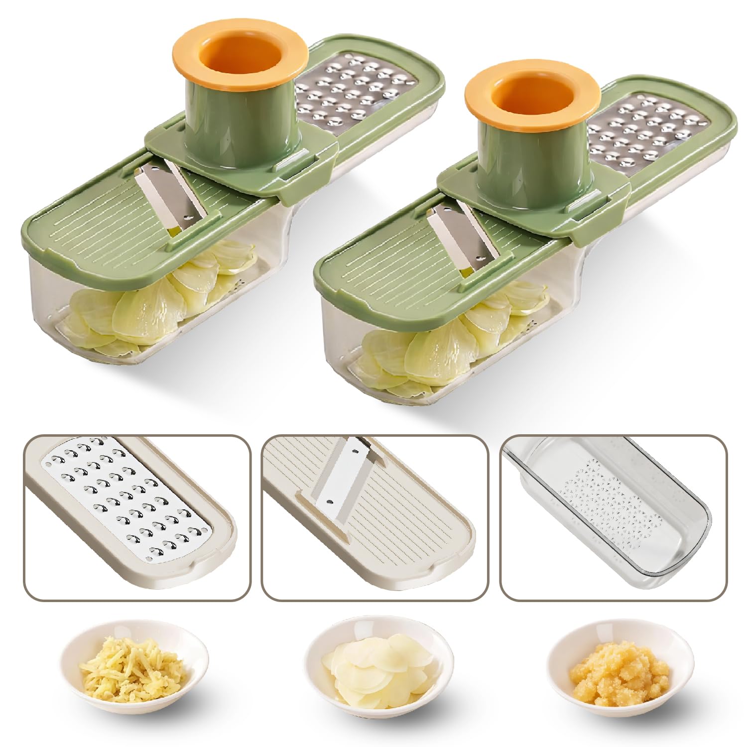 2er-pack 3-in-1 Mini-mandolinenhobel & Knoblauch-/ingwerreibe Mit Handschutz (grün)