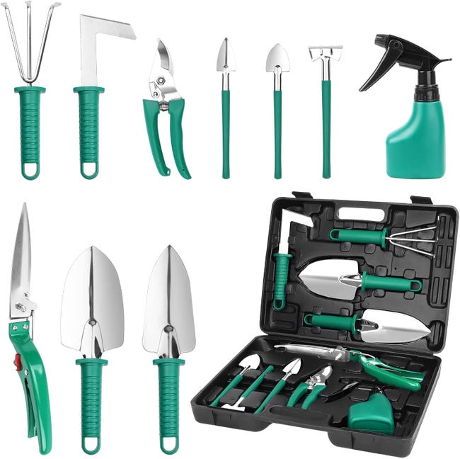 Ein 10-teiliges Gartengeräte-set Mit Aufbewahrungsbox, Bestehend Aus Gartenschaufel, Gartenschere, Spaten Und Rasensprenger.