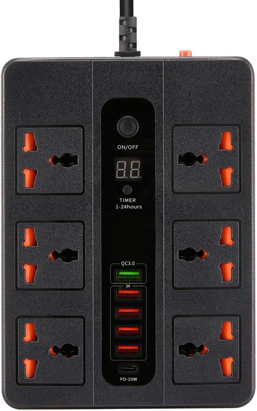 Verlängerungskabel Mit Usb-anschlüssen, 6 Steckdosen Mit 5 Usb-anschlüssen Und 1 Usb-c-anschluss, Verlängerungskabel Mit Überspannungsschutz, 1-24-stunden-timer