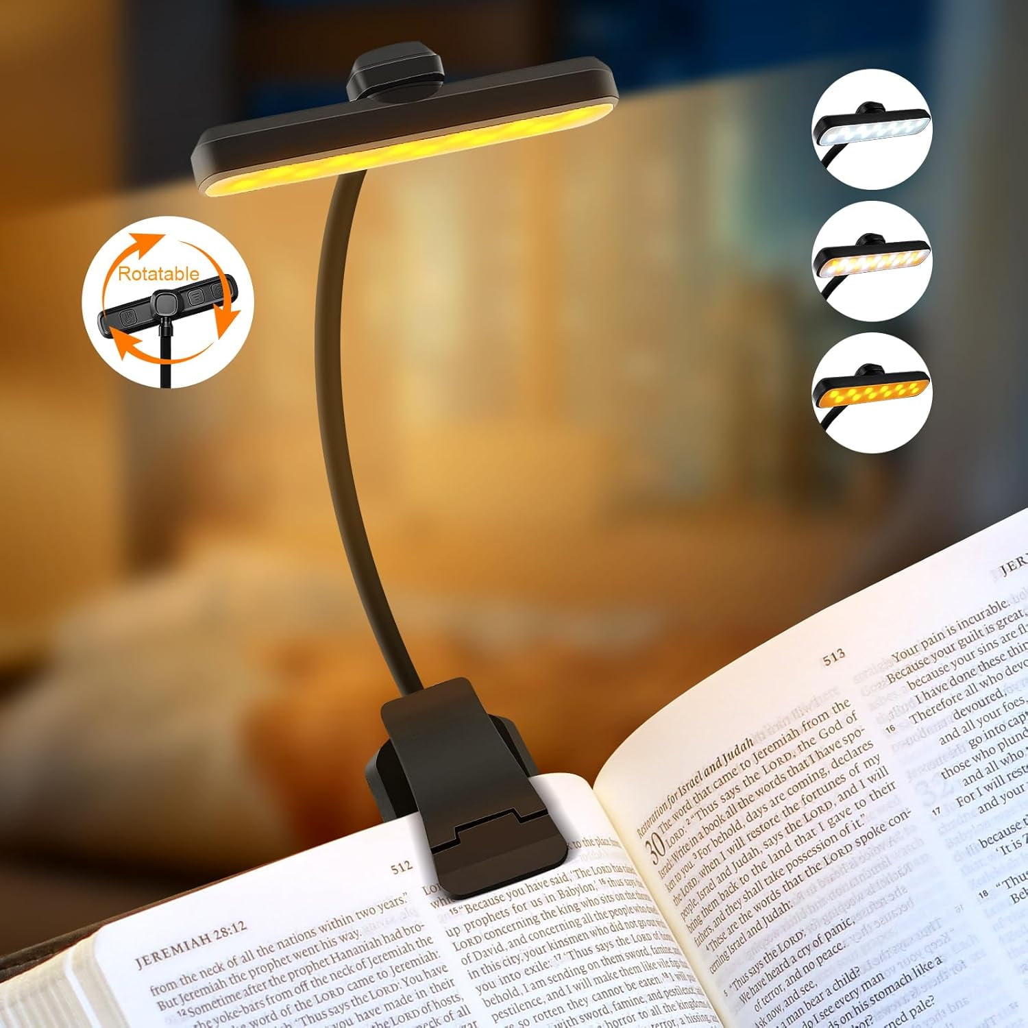 Tragbare Leselampe Mit 24 Wiederaufladbaren Leds, 3 Farbtemperaturen, 5 Helligkeitsstufen, Clip-design, Geeignet Zum Lesen Im Bett, Schwarz.