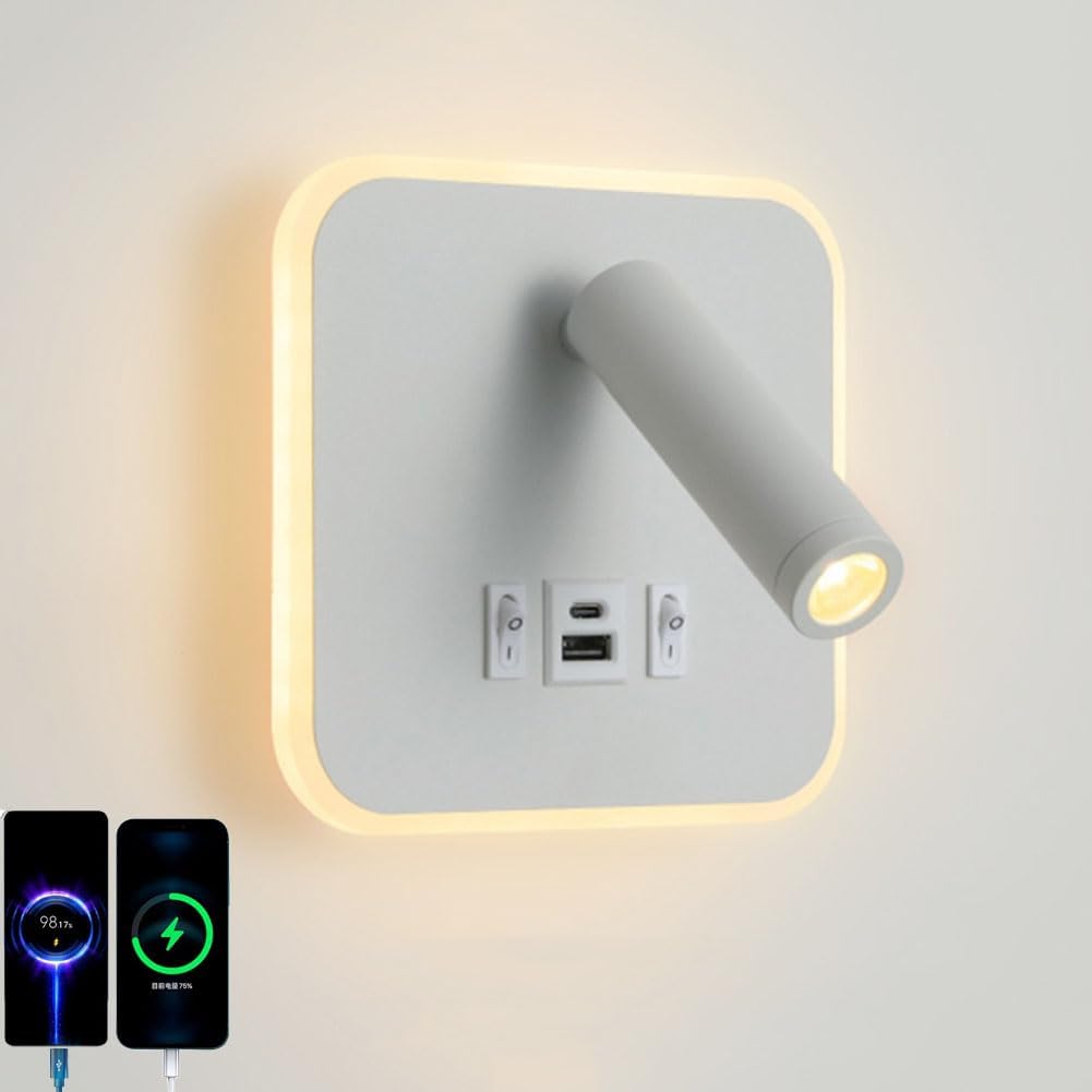Moderne Led-wandleuchte Für Den Innenbereich Mit Schalter, Verstellbarem Nachttisch-spot Und 2 Usb-ladeanschlüssen Für Das Schlafzimmer