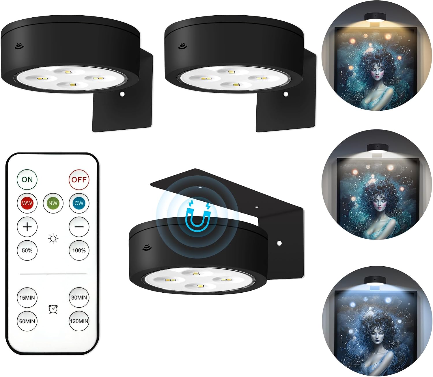 Bilderleuchten Für Wände, Magnetischer Led-lichtstreifen Mit Fernbedienung, Dimmbar Und Mit Timer, 3 Beleuchtungsmodi, Schwarz